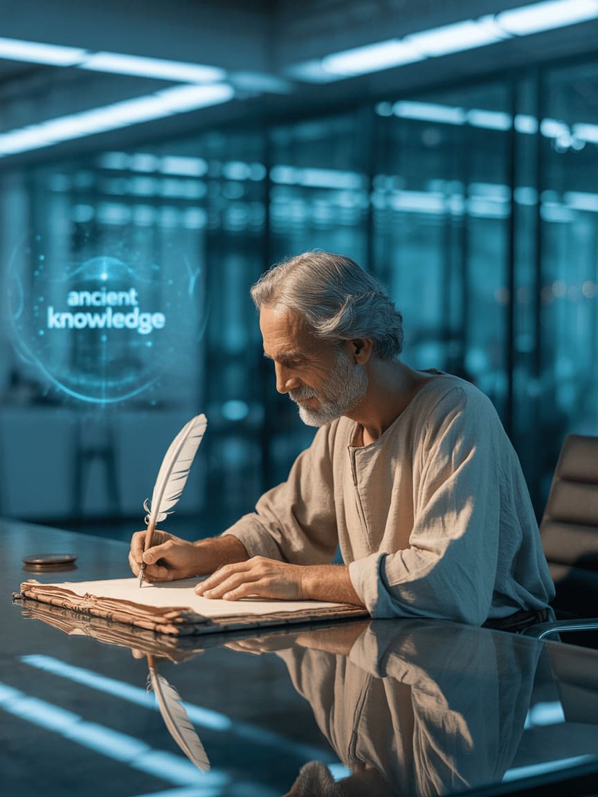 ancient scribe writing on parchment with quill pen