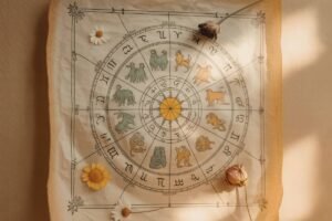 Astrological chart with 12 houses clearly marked, colorful zodiac wheel