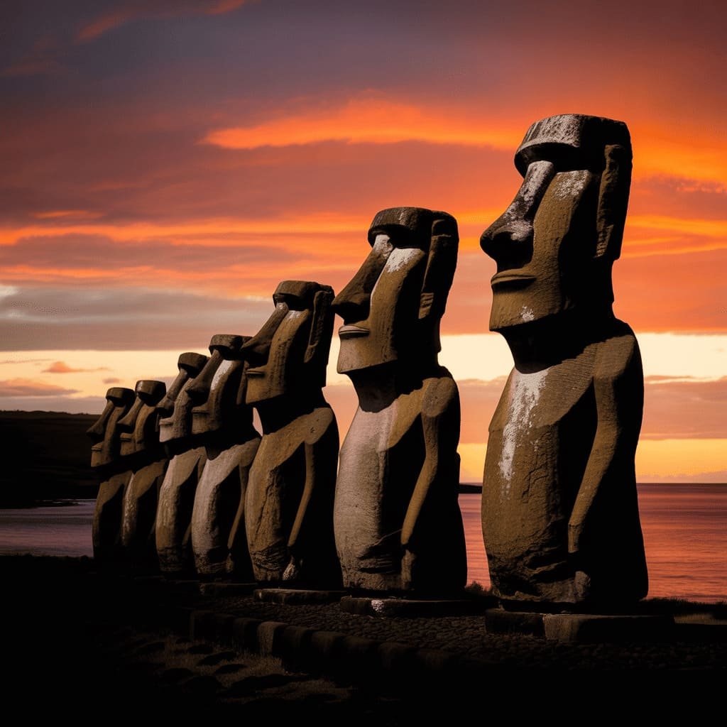 Easter Island moai stone statues at sunset