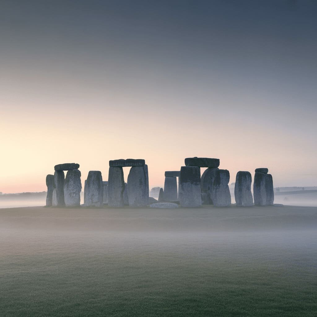 Stonehenge ancient stone circle in England at dawn with mystical fog