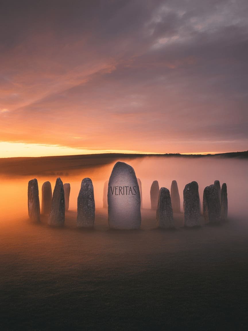 magical ancient stone circle at sunset with mystical fog