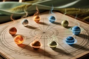 planets aligned on astrological chart axes, cosmic energy flowing through cardinal points