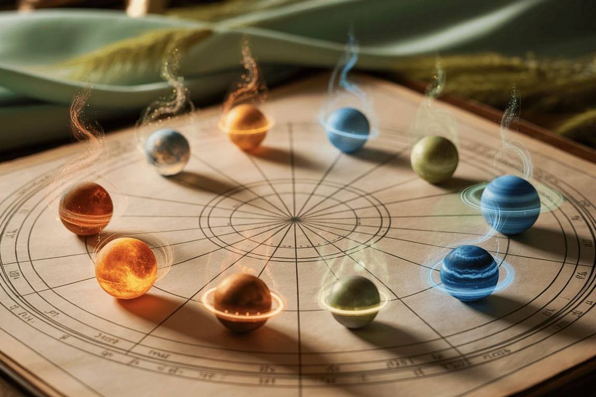planets aligned on astrological chart axes, cosmic energy flowing through cardinal points