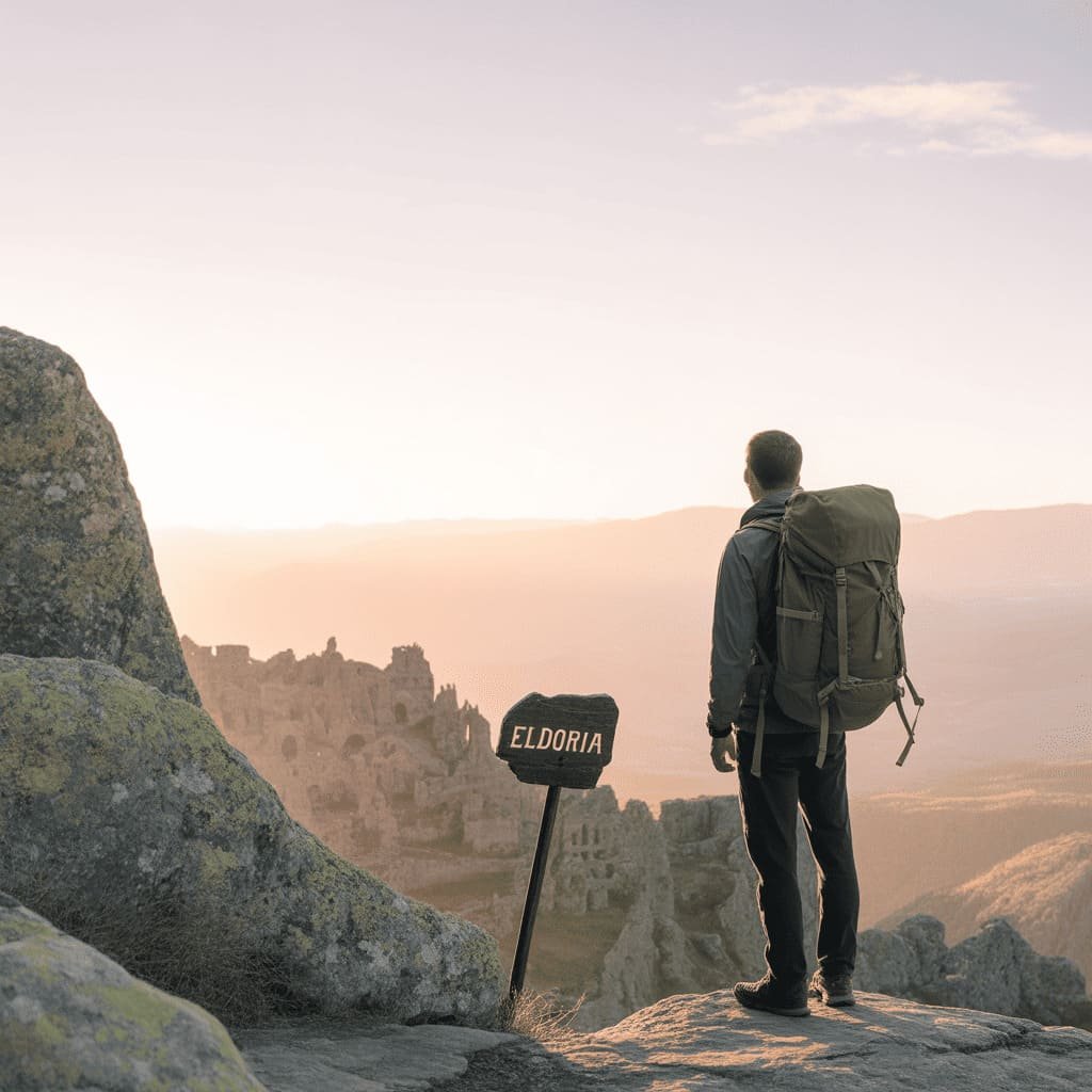 traveler with backpack standing on mountain viewpoint at sunrise,