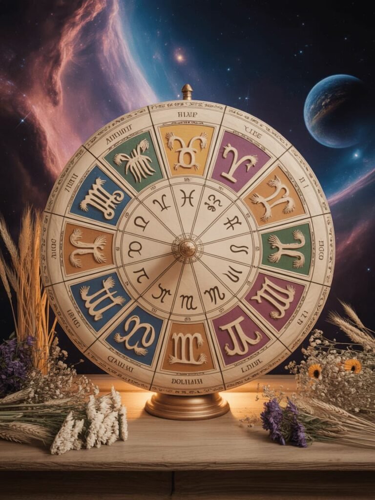 zodiac wheel with 12 houses, cosmic background with stars and planets, mystical atmosphere